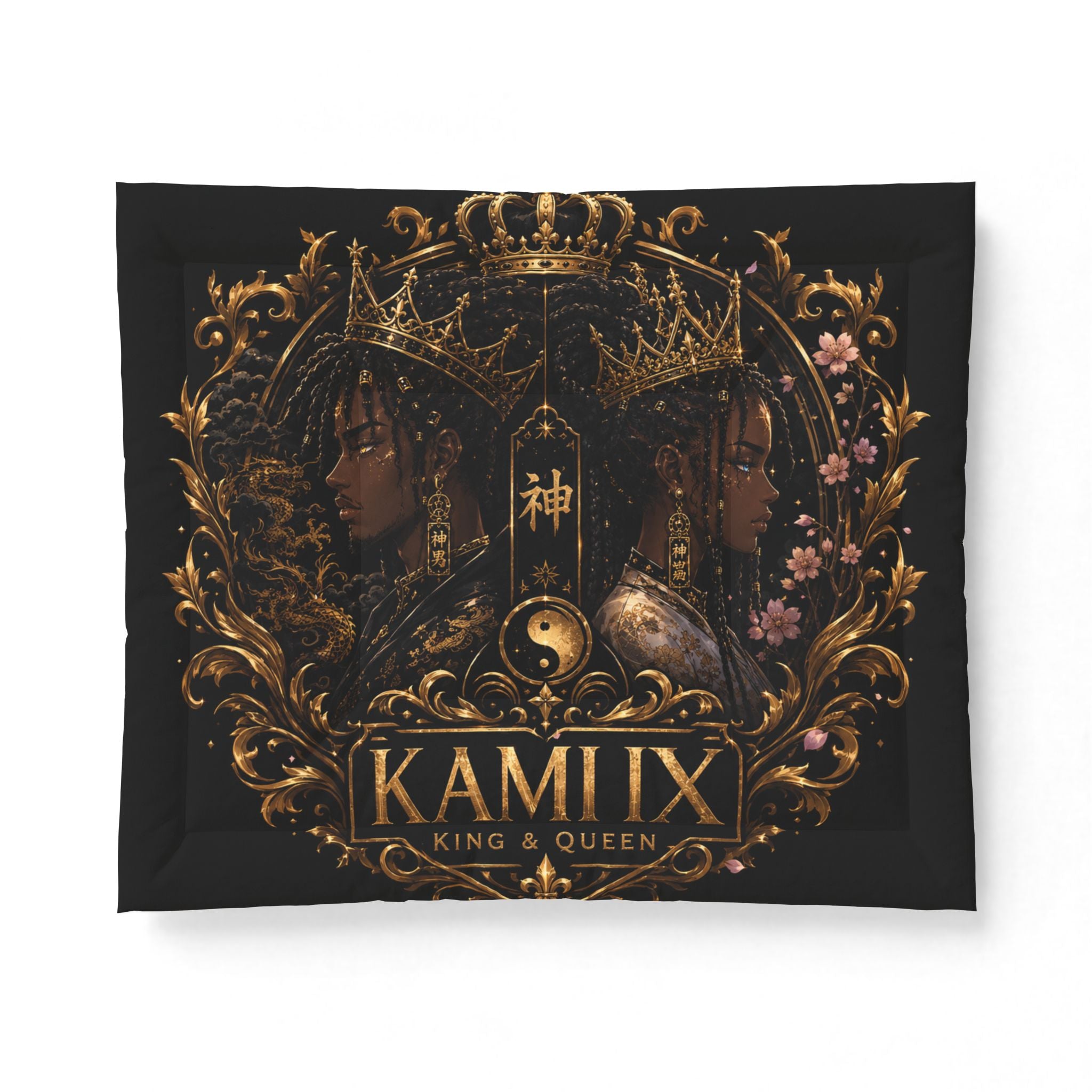 King & Queen KUROKAMIIX Cotton Comforter — Regal Black Floral Yin Yang Bedding