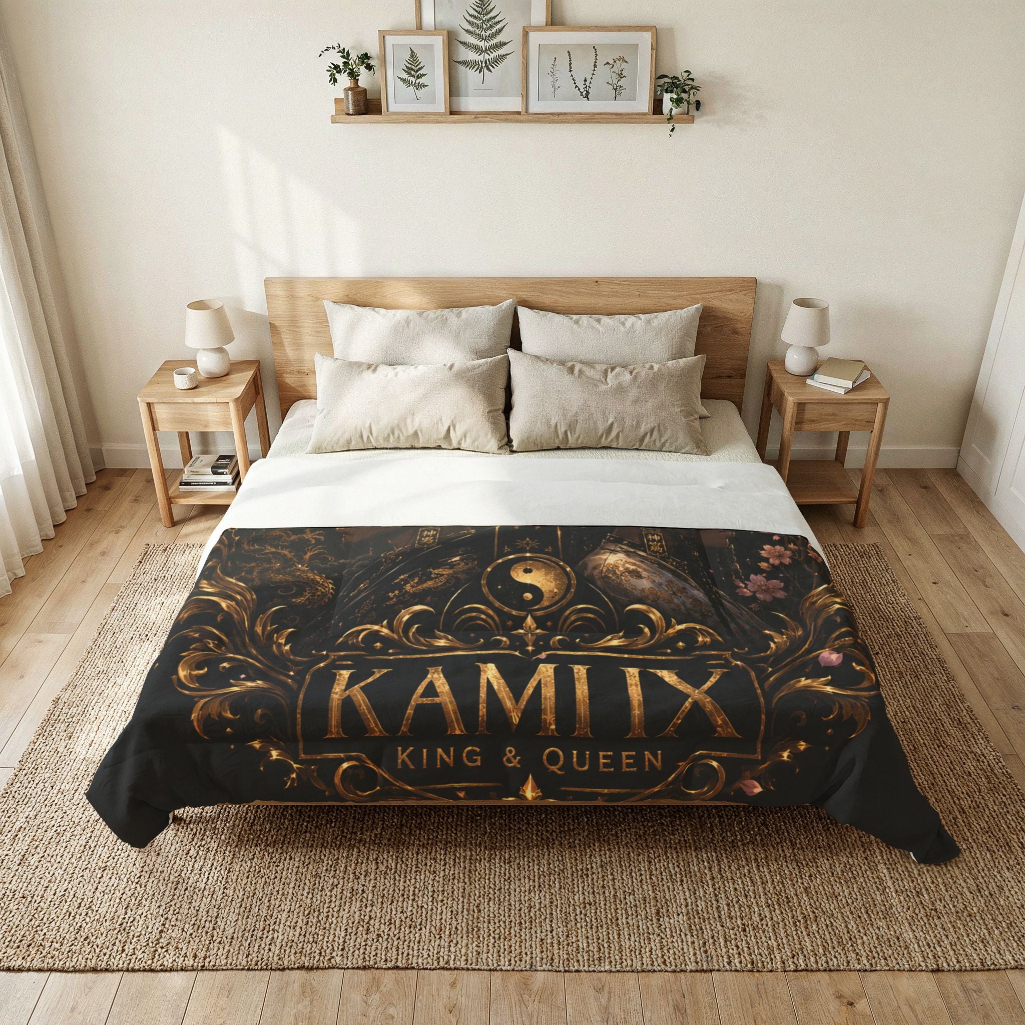 King & Queen KUROKAMIIX Cotton Comforter — Regal Black Floral Yin Yang Bedding