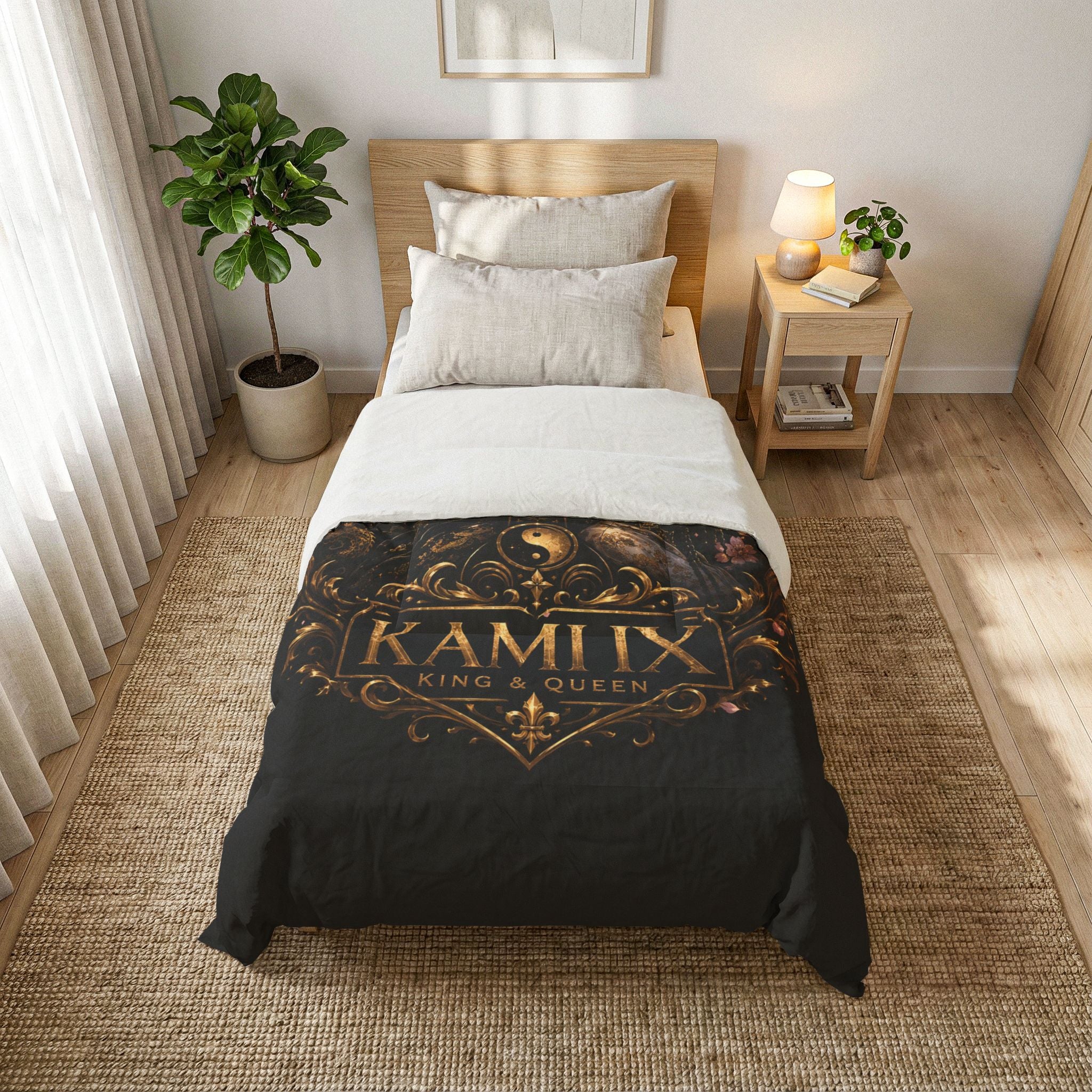 King & Queen KUROKAMIIX Cotton Comforter — Regal Black Floral Yin Yang Bedding