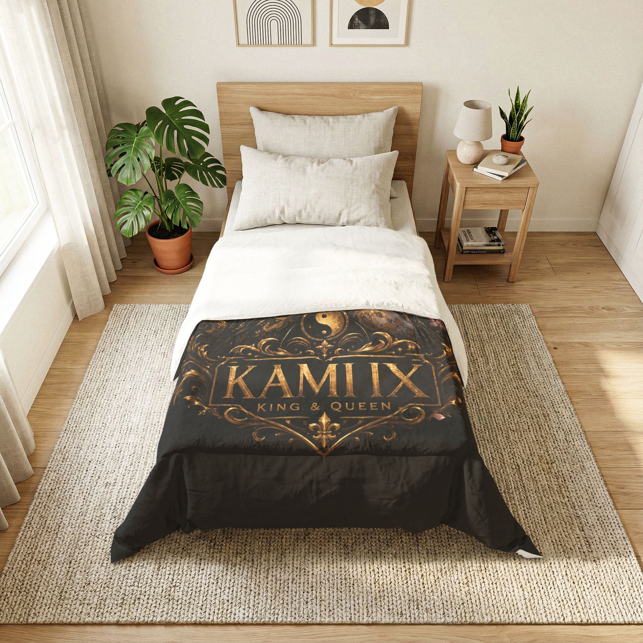 King & Queen KUROKAMIIX Cotton Comforter — Regal Black Floral Yin Yang Bedding