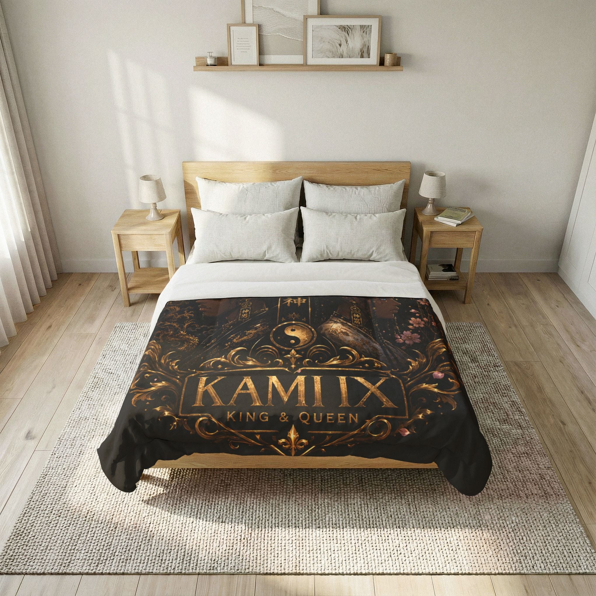 King & Queen KUROKAMIIX Cotton Comforter — Regal Black Floral Yin Yang Bedding