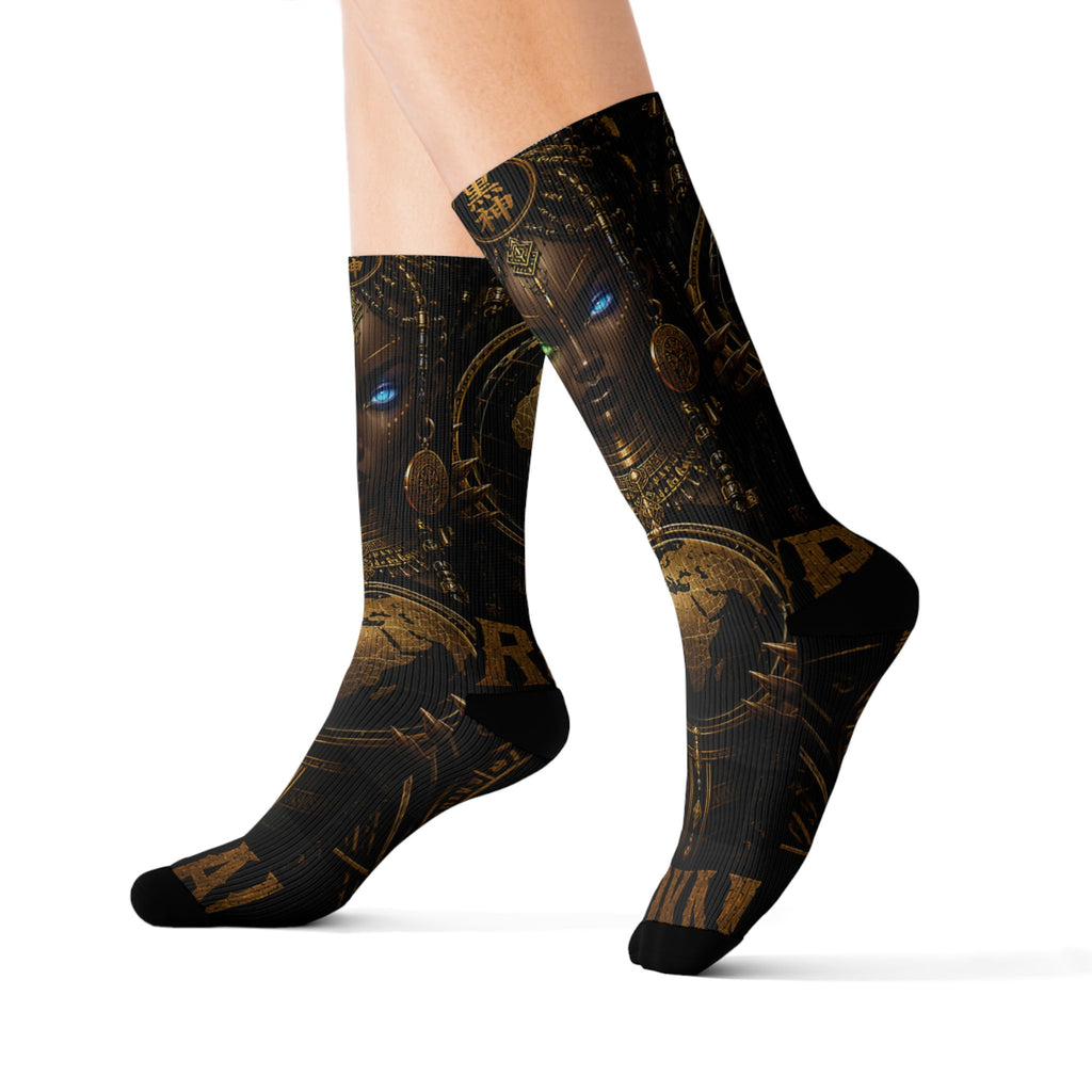 KURO GODDESS Sublimation Socks — Vintage Mechanical Art Crew Socks